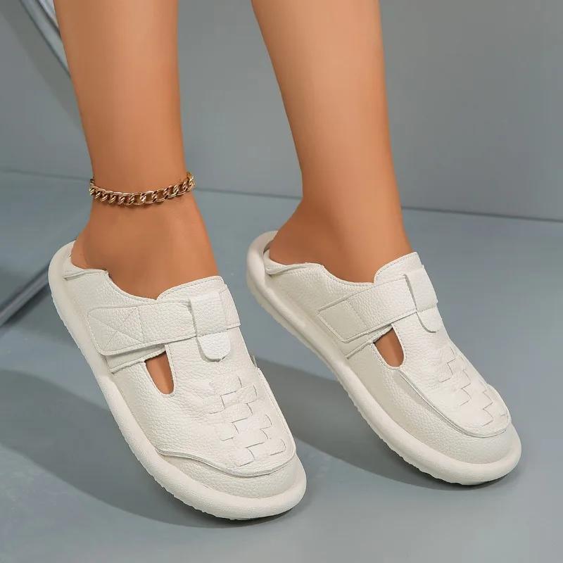 Лето 2024 года, новые дышащие сандалии на плоской подошве с круглым носком, удобные однотонные модные спортивные туфли для отдыха для женщин