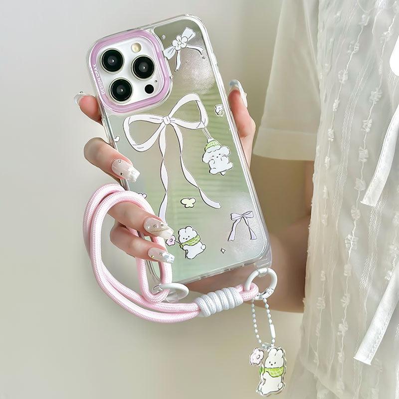 Летний чехол Zhitai High-End для Apple iPhone 15 Pro с зеркалом и шнурком, также подходит для iPhone 13/14 Pro Max.