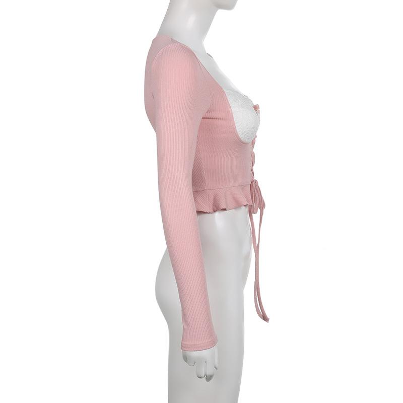 Розовый топ с длинными рукавами Y2k, женский сексуальный кружевной лоскутный бандаж с квадратным воротником, тонкая футболка, эстетический укороченный топ для кокетк...