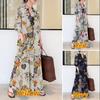 Cotton And Linen Printed Lapel Long-Sleeve Pocket Simple Loose Casual Long Shirt Dress