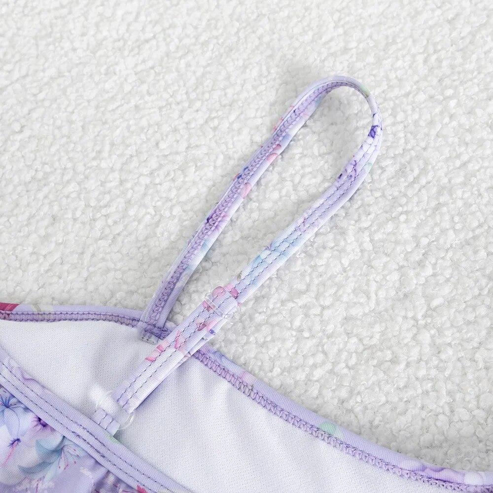 Цельный купальник для девочек-подростков 5-14 лет, купальный костюм с цветочным принтом и оборками и рукавами-крылышками, летняя пляжная одежда фиолетового цвета для девочек