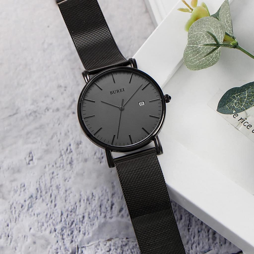 BUREI Men's Analog Quartz Watch, Waterproof, Date Display, Black, Popular Brand, Simple and Stylish Business Watch with Milanese Mesh Strap