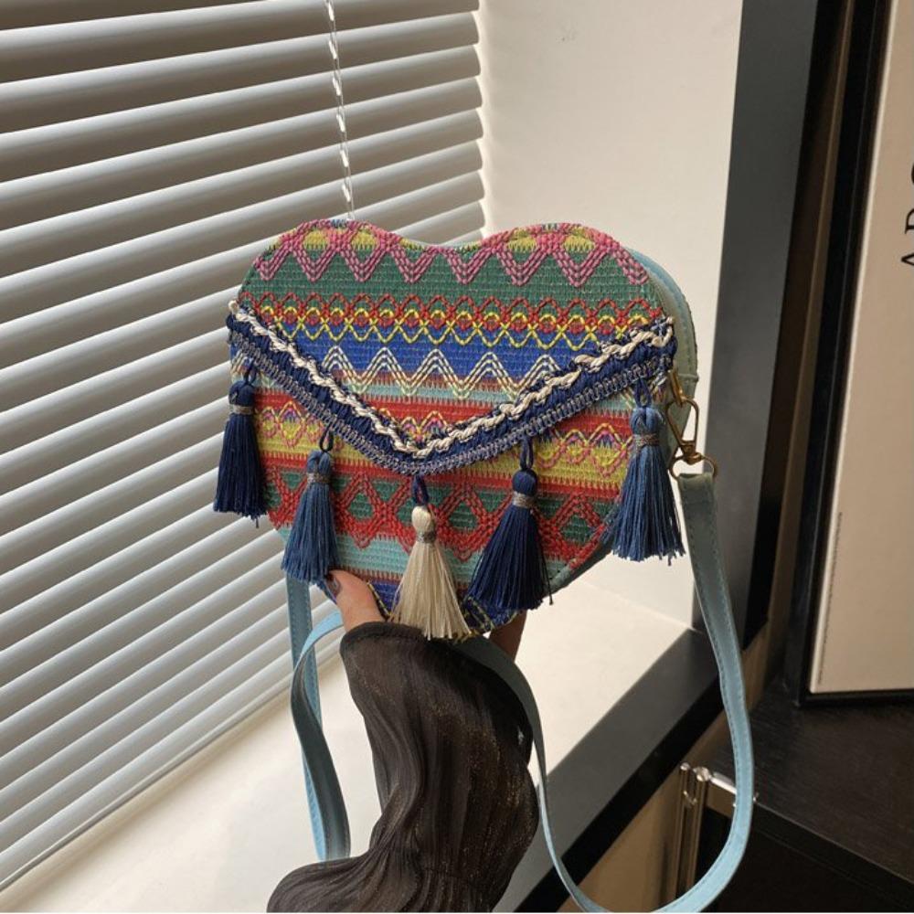 Tassel Fringe Shoulder Bag Love Shape Bohemian Messenger Bag Ethnic Style Crossbody Bags  Travel