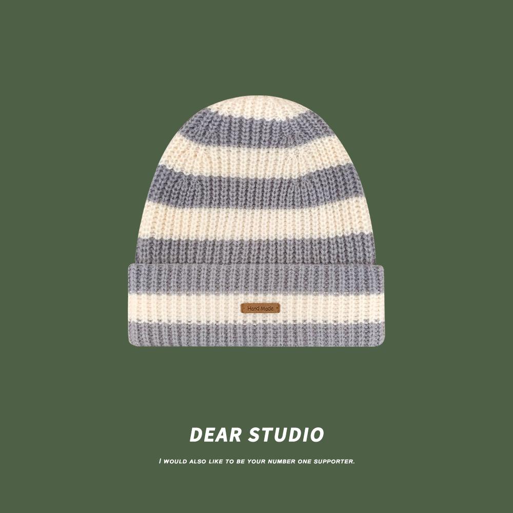 Striped letters small standard large version wool hat women's autumn and winter warm versatile big head circumference knitted pile hat tide