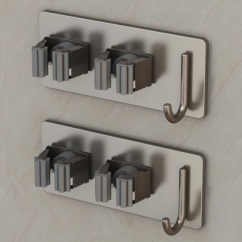 Gun gray mop wall hanging clip hook bathroom non-punching multi-function wall stainless steel broom fixed hanger