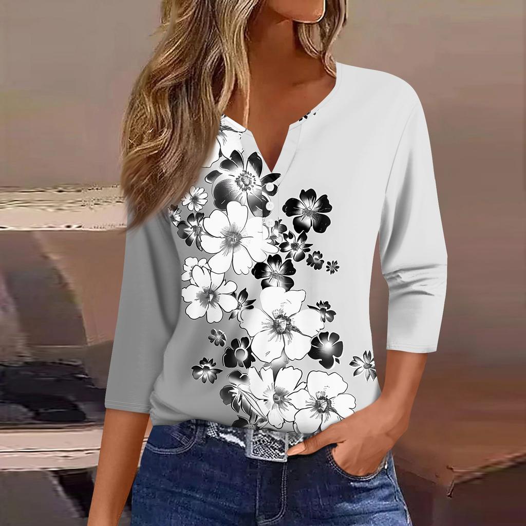 Жен. Футболка С принтом Пуговицы Рукав 3/4 Повседневные Выходные Мода Классический Классический V-образный вырез Обычный Верх