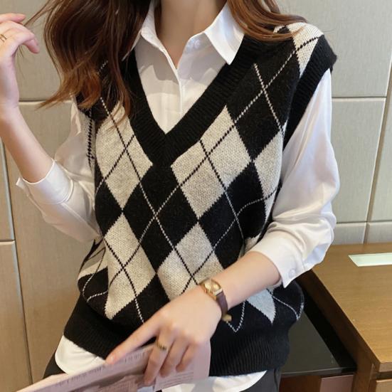 Женский вязаный жилет с ромбовидным узором, свободный, с V-образным вырезом, без рукавов, пуловер, майка, повседневный школьный свитер-топ