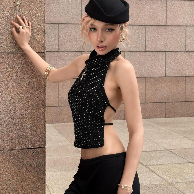 Женский укороченный топ с вырезом-халтер, без рукавов, с открытой спиной, украшенный стразами, блестящий, для вечеринки, клуба