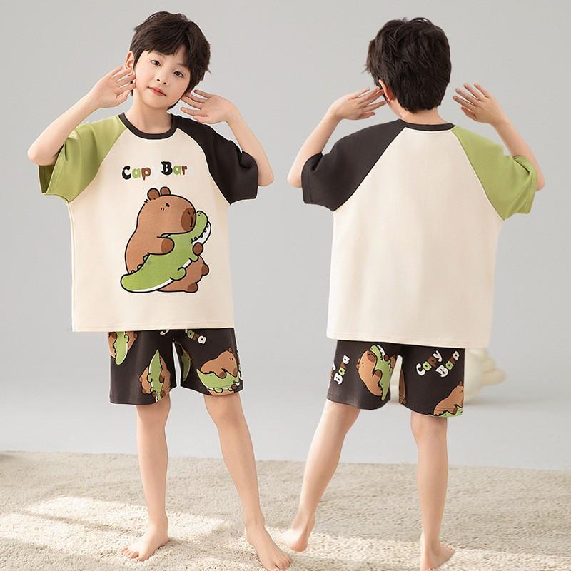 Boys Cotton Pajama Set Short Sleeve Cartoon Print Lightweight Sleepwear Kids 8 Years Home Wear