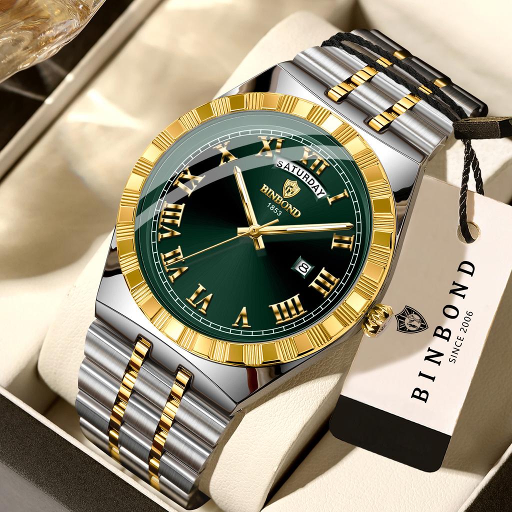 BINBOND Quartz Watches For Men Luxury Stainless Steel Luminous Waterproof Auto Date Men's Watch Durable Reloj Para Hombre +Box