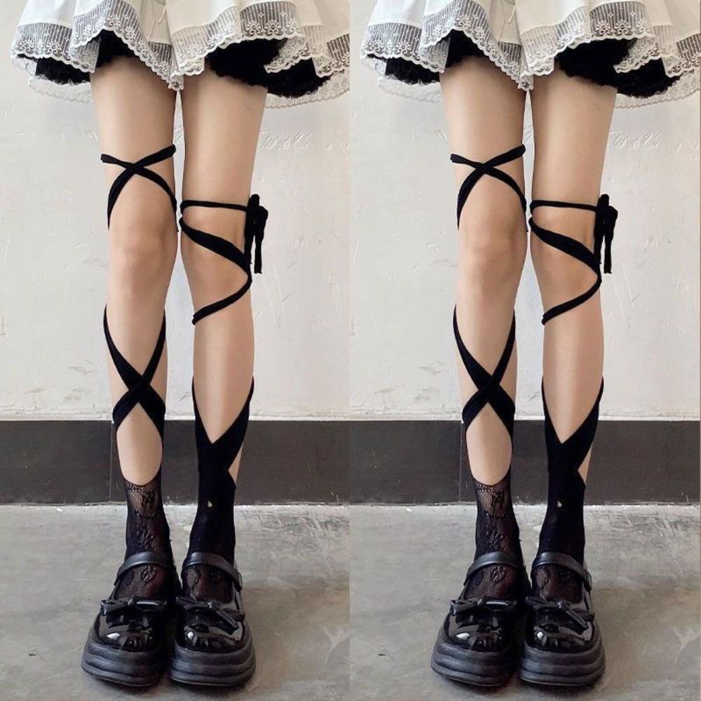 2Pairs Irregular Straps JK Lace-up Stockings Hollow Mid Tube Socks Women Lolita Lace Stockings  Gift