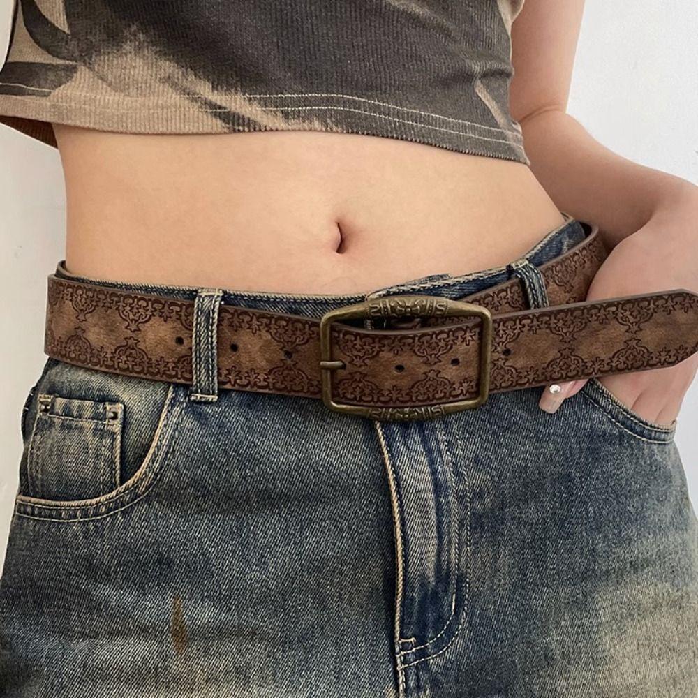 Vintage Printed Ethnic Style Belt Y2k Pants Decorative Gothic PU Leather Belt Female