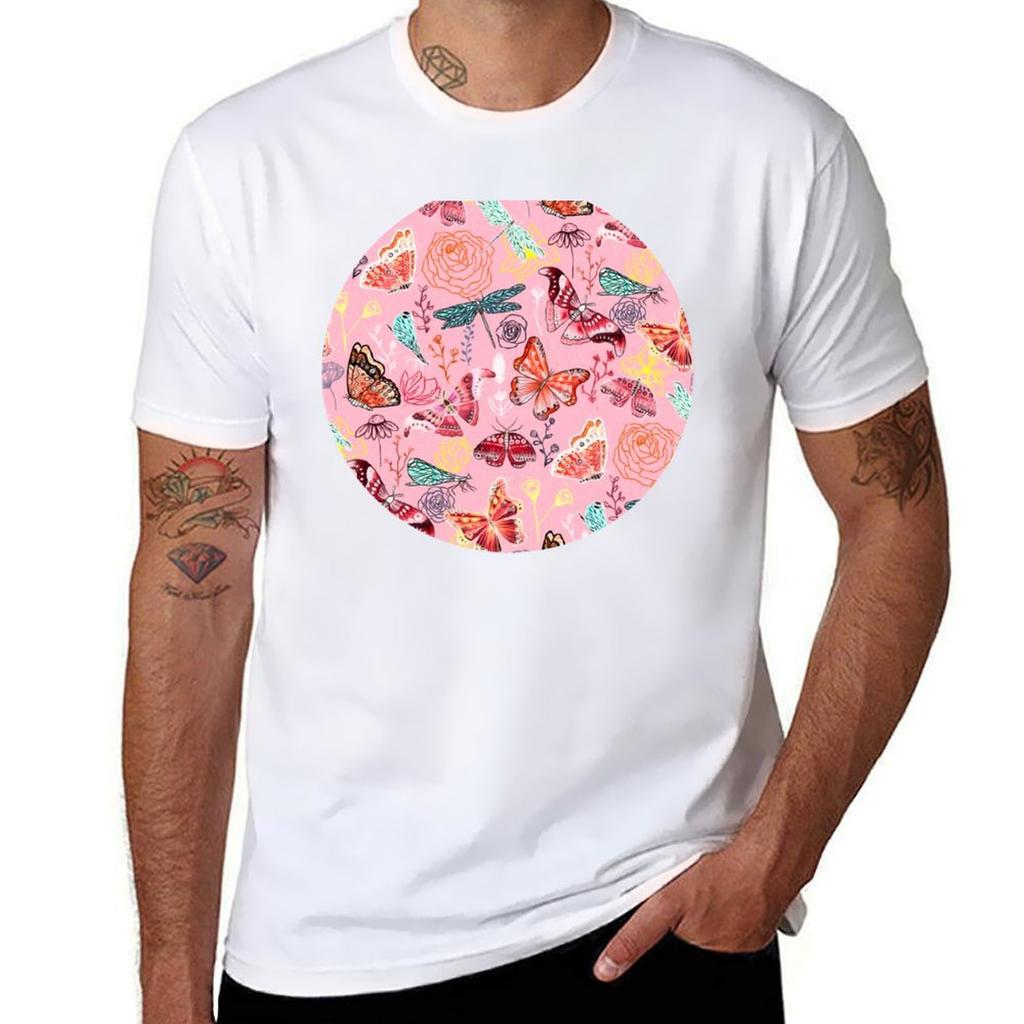 Dragonflies Butterflies Moths And Floral Design On Millennial Pink Tshirt Soft Stretch Short Sleeve Top