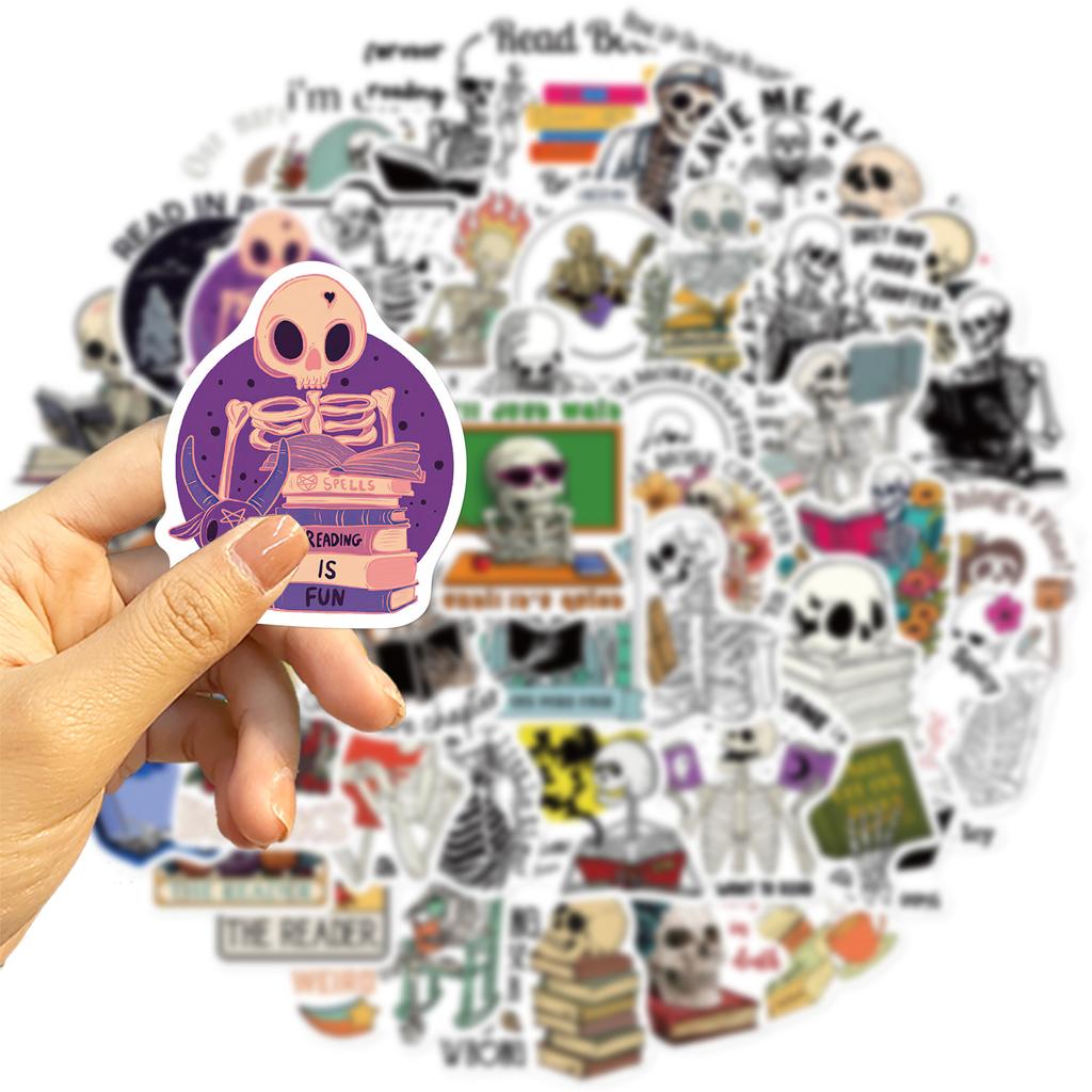 50 Skeleton Reading Books Graffiti Stickers Decorate Suitcase DIY Personalized Waterproof Stickers