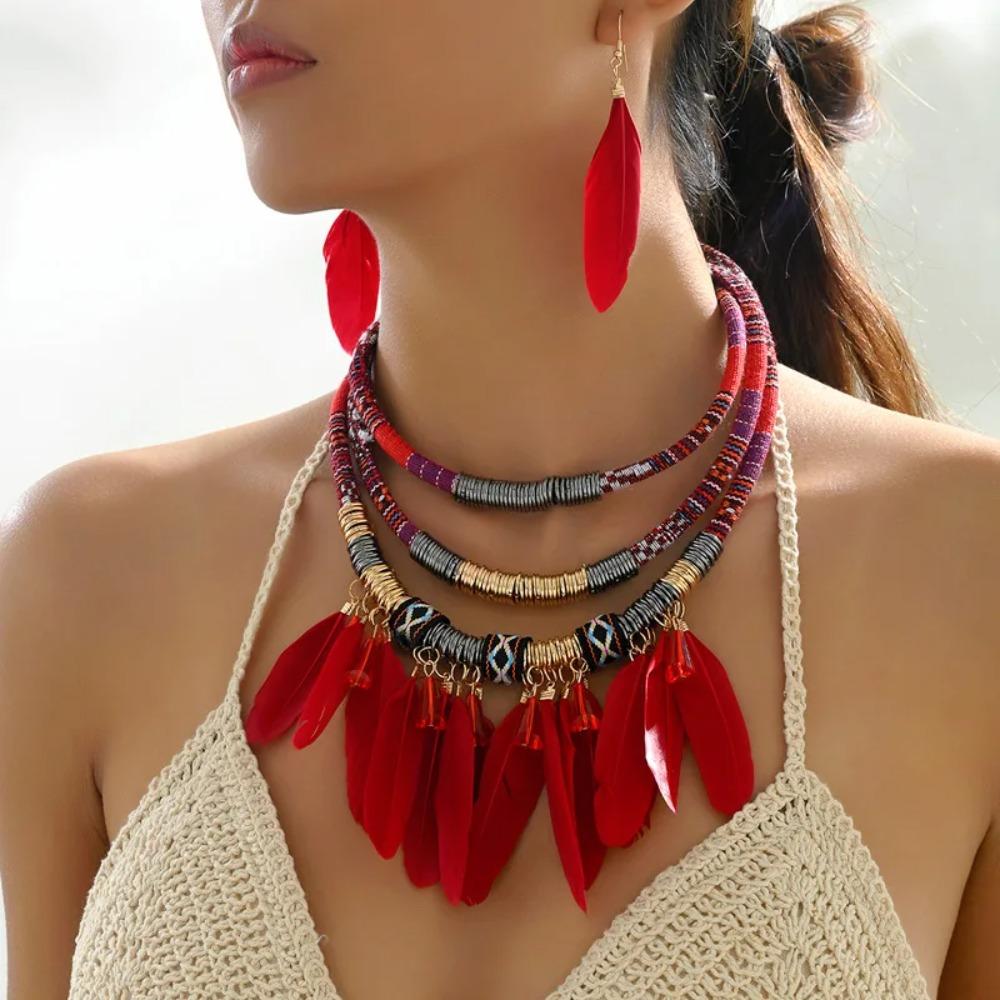 Metal Ethnic Necklace Multilayer Jewelry Sets Exquisite Necklace Earrings Set Women