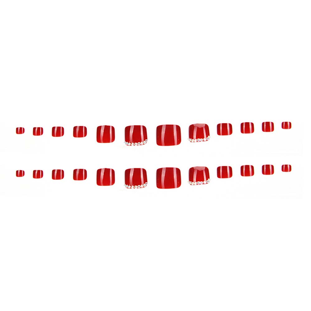 Wine Red Full Cover False Nails DIY Nail Art Tip 3D Rhinestones Fake Toe Nails Short Nails Patch