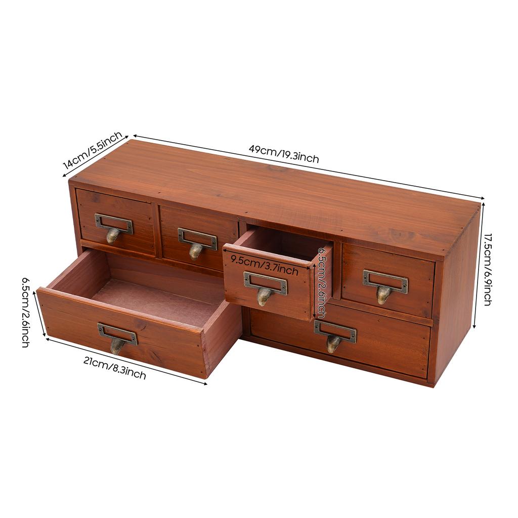 Винтажный 6-ящичный шкаф для хранения, Ретро коричневый деревянный органайзер со слотами для этикеток для офиса, кабинета, спальни, хранения рукоделия и макияжа