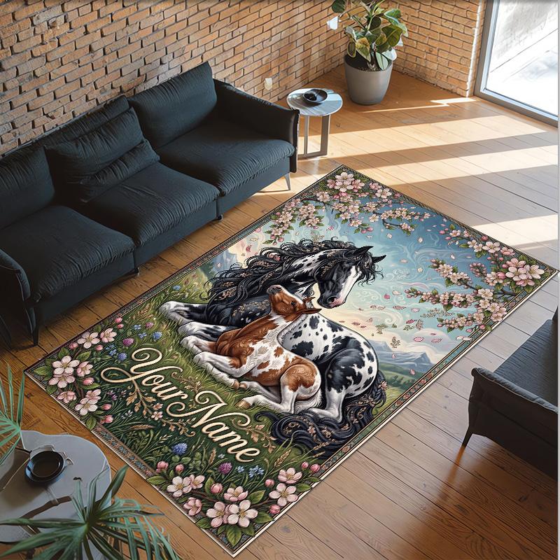 Horse Theme Crystal Velvet Floor Rug Personalized Custom Name Text Warm Carpet Home Decoration