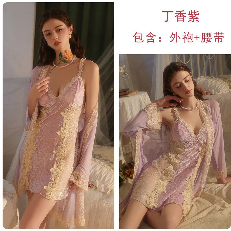 Women's Velvet Lace Strap Push Up Padded Sleep Dress with Robe Lounge Set