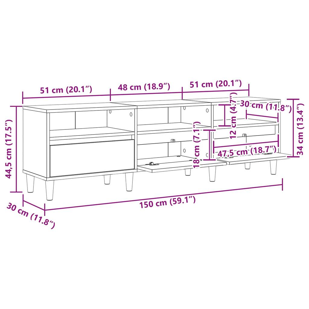 TV Stand in Black Oak Look 150 x 30 x 45 cm Engineered Wood