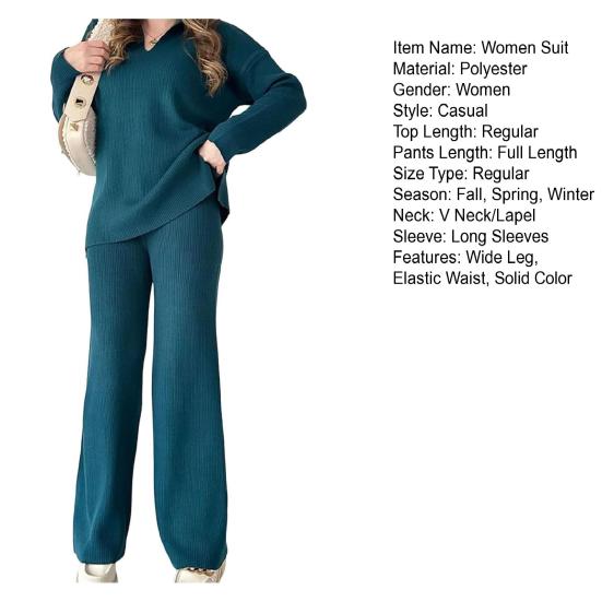 2 шт./комплект женский трикотажный наряд V-образный вырез длинный рукав топ высокая талия широкие брюки нитки домашняя повседневная одежда пижамный комплект осенне-зимний спортивный костюм комплект