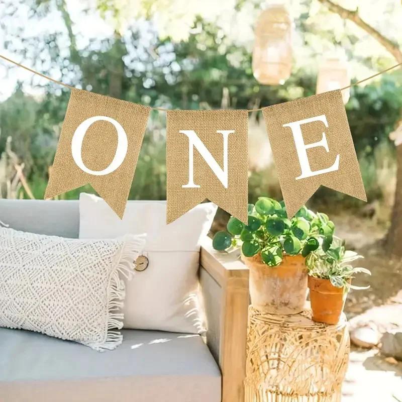 Baby Shower Chair Banner Burlap ONE Garland Boy Girl One Year Old Birthday Party Decoration Favors Photo Props Supplies 3 Colors