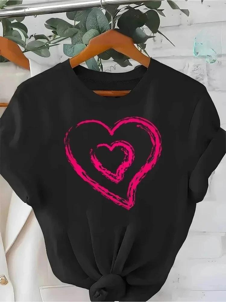 Unisex Casual Short Sleeve Tshirt Fit Crew Neck Pink Heart Print Tshirt Everyday Wear Playful Design Daily Top Clothing
