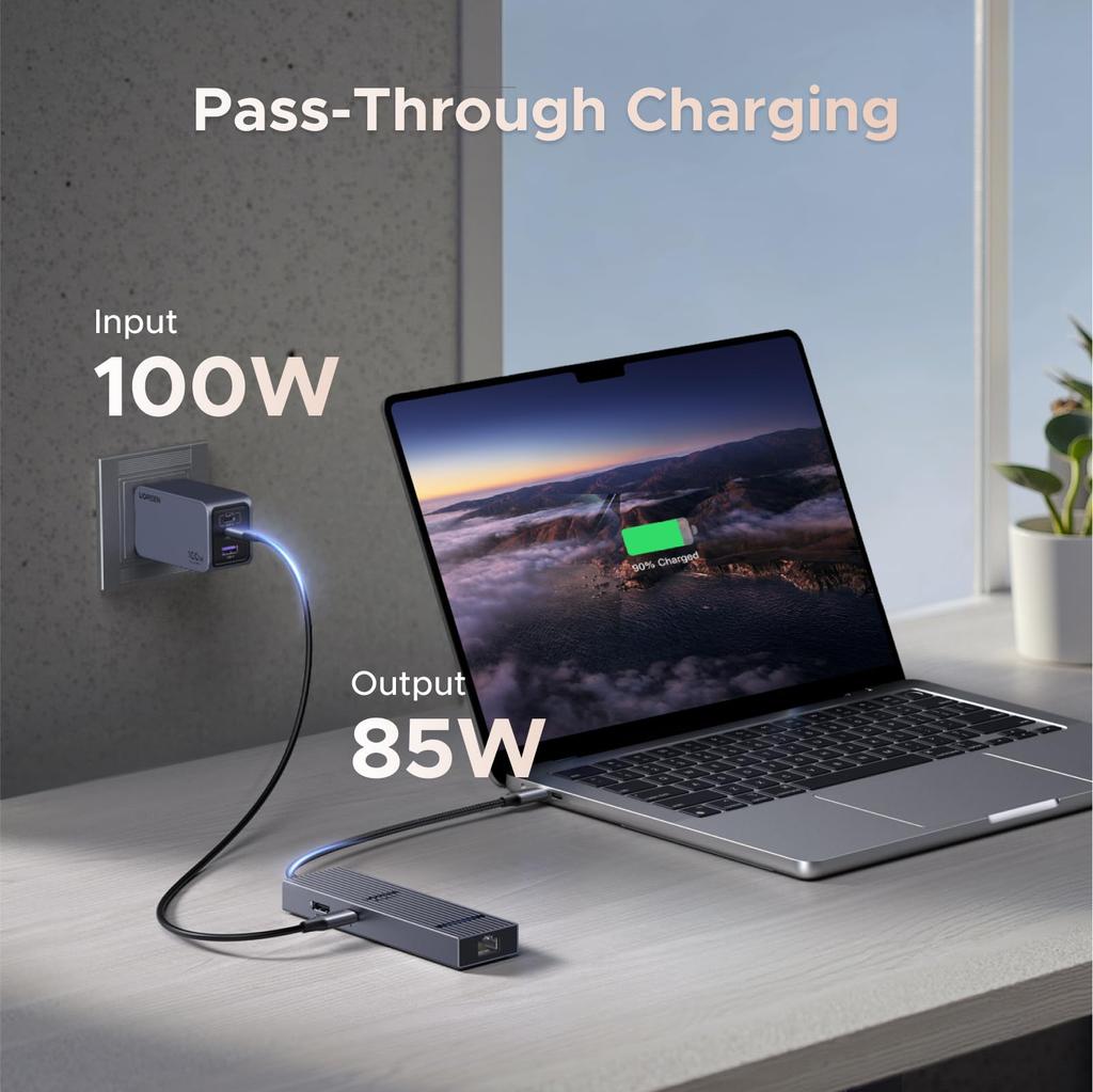 Ugreen Revodok Hub 6 In 1 HDMI Hub Lan USB C 100W PD Power Supply Adapter Gigabit Ethernet Compatible with macOS Host Devices Such As HDMI Devices