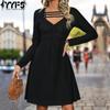 Женская мода весна осень однотонный принт с длинным рукавом и v-образным вырезом с высокой талией повседневные платья