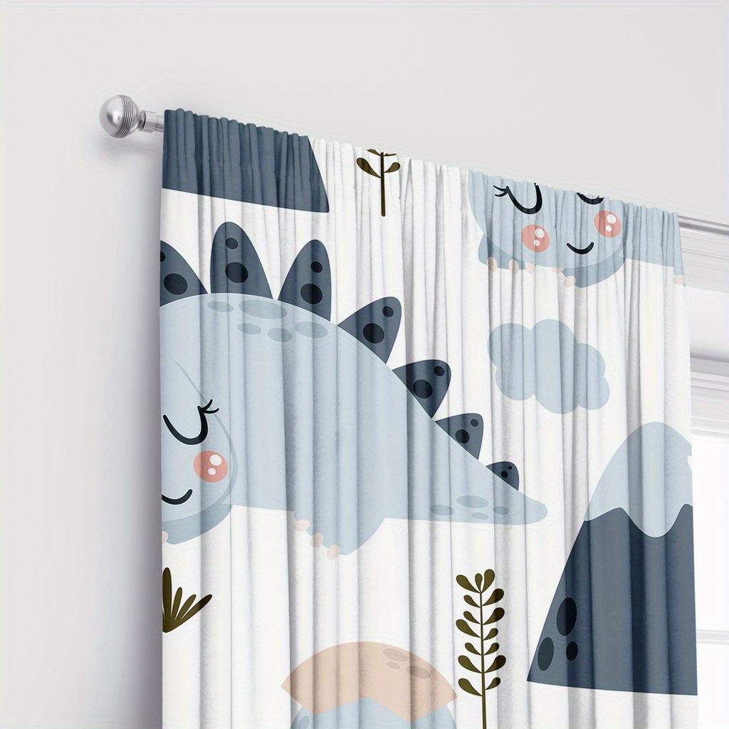 2Pc Cartoon Dinosaur Print Curtains - Polyester Fabric For Bedroom, Living Room, And Kitchen - Machine Washable