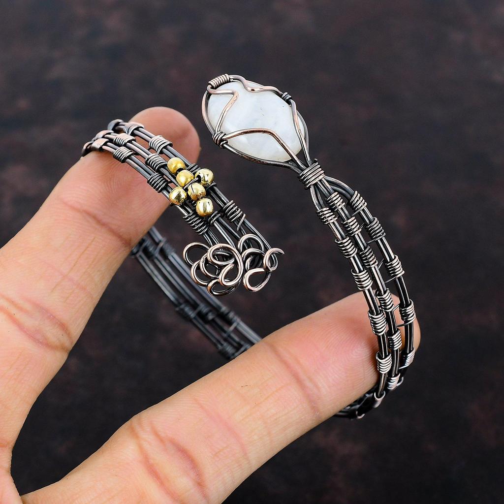 Браслет-манжета Rainbow Moonstone, браслет из медной проволоки с драгоценными камнями, регулируемый браслет-манжета ручной работы, ювелирные изделия из медной проволоки, браслет из лунного камня