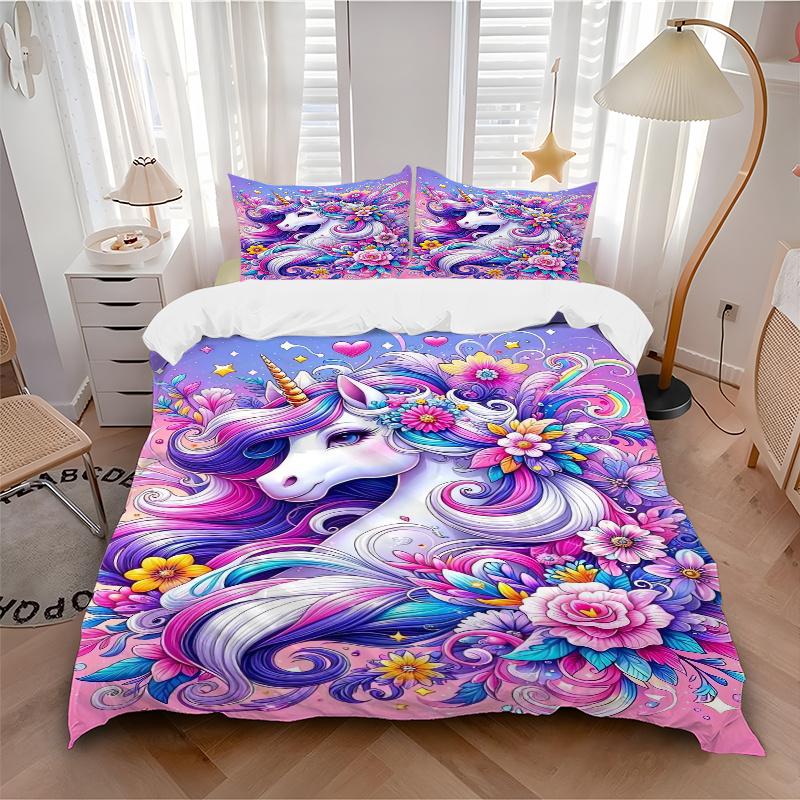 3pcs Enchanted Unicorn & Whimsical Floral Quilt Cover Set - Soft and Cozy Bedroom, Guest Room and Dorm Decorative Bedding 3-Piece Set 1 Quilt Cov