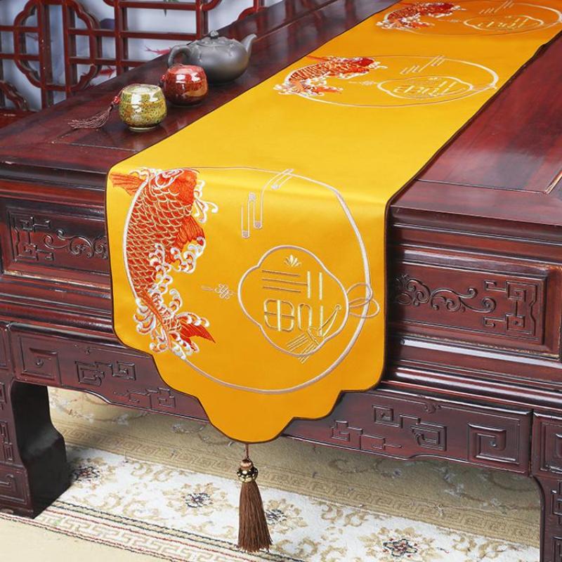 New Chinese Style Embroidery High-end Light Luxury Table Flag Tea Table TV Cabinet Dining Table Cloth Strip Cloth Tea Mat and Tablecloth