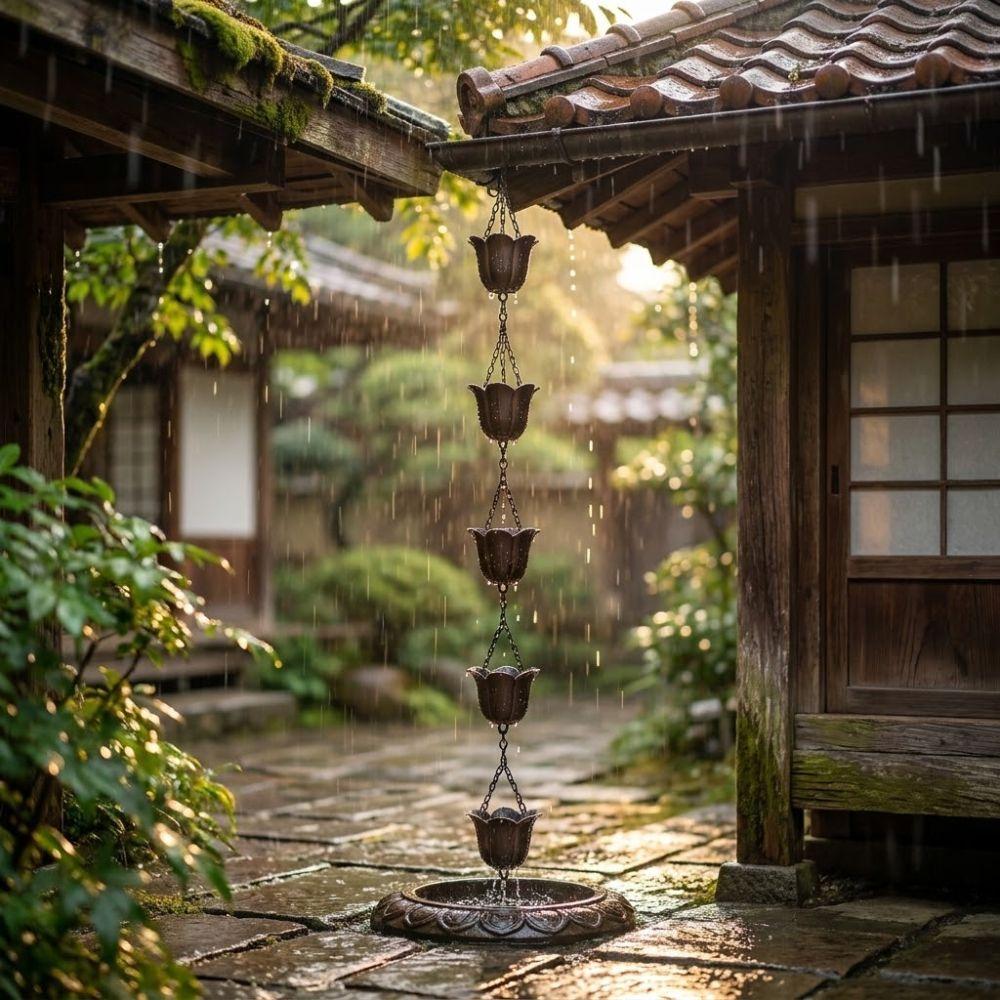 Japanese Style Metal Tulip Rain Chain 7 Cups Hanging Rain Chain for Gutters Flower-shaped Directs Water Rainwater Diverter Chain