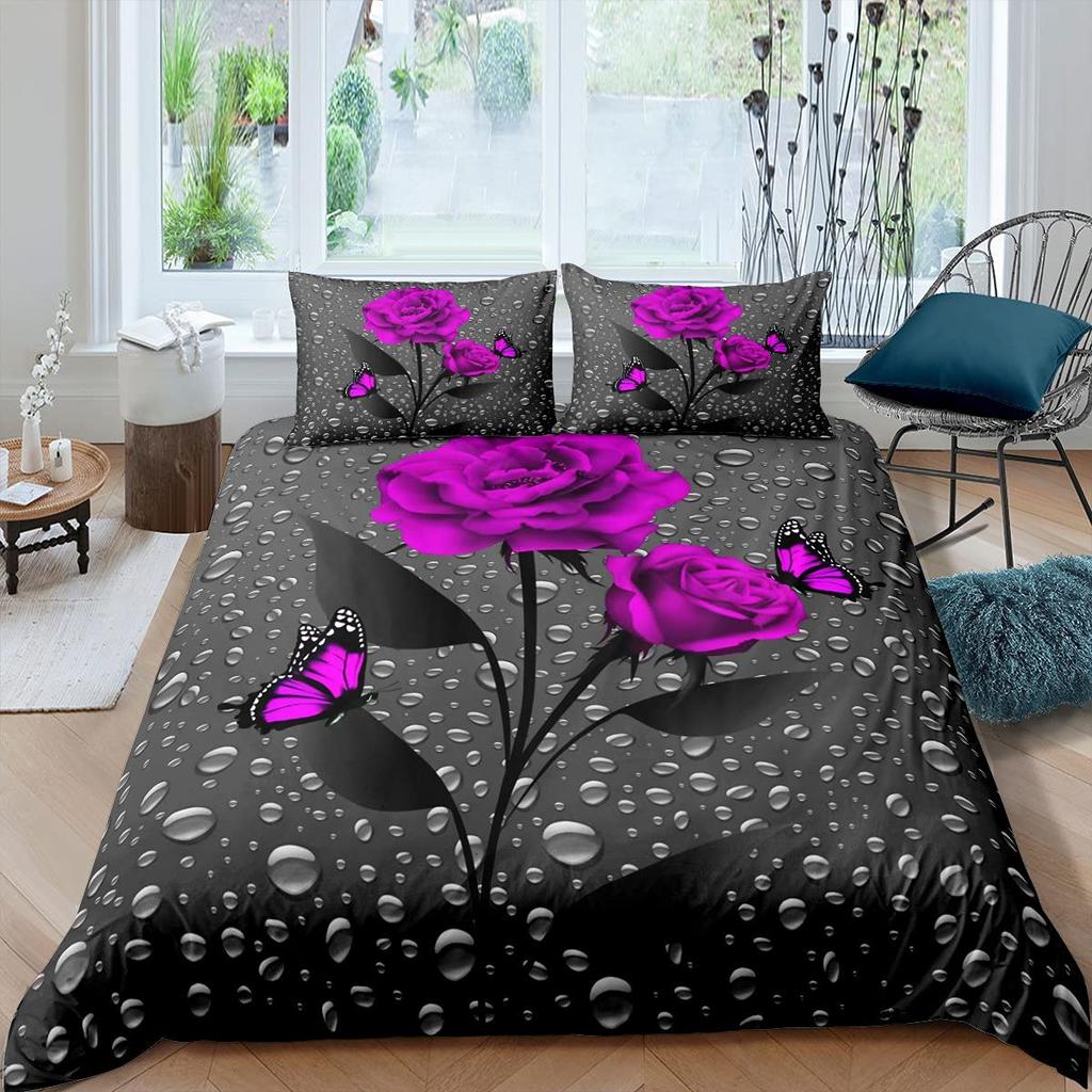 Purple Rose Duvet Cover Set Queen Size Romantic Flowers Bedding Set Valentine'S Day Floral Comforter Cover Lover Couple Gift