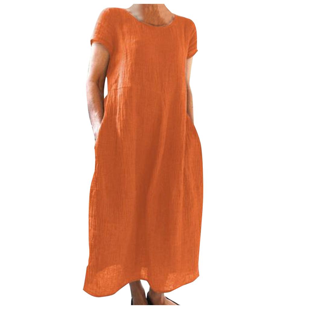 O Neck Sleeveless Loose Cotton Linen Pocket Long Dress Solid Color Women