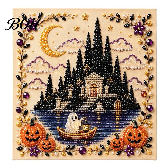 Fall Holiday Decoration Halloween Faux Pearl Art DIY Kit, 3D Bead Embroidery Craft Set, Spooky Handmade Ghost Pumpkin Goat Witch Wall Art, Seasonal