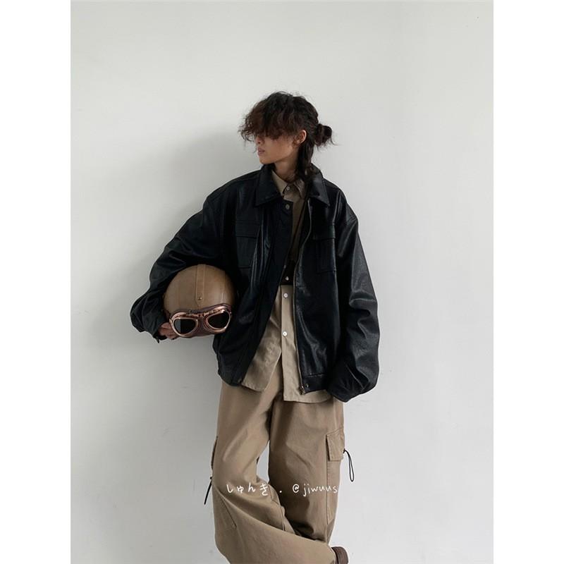 Vintage Retro PU Leather Jacket Loose Fit Teens Casual Outerwear