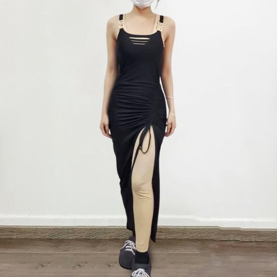 Женское платье Узкое без рукавов с открытой спиной и металлической цепочкой Декор с открытой спиной и высоким разрезом, ажурное плиссированное однотонное платье для вечеринки, клуба, отдыха, пляжа, миди