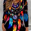 Plus Size Feather Print T-Shirt, Casual Crew Neck Long Sleeve Top For Spring & Fall, Women's Plus Size Clothing