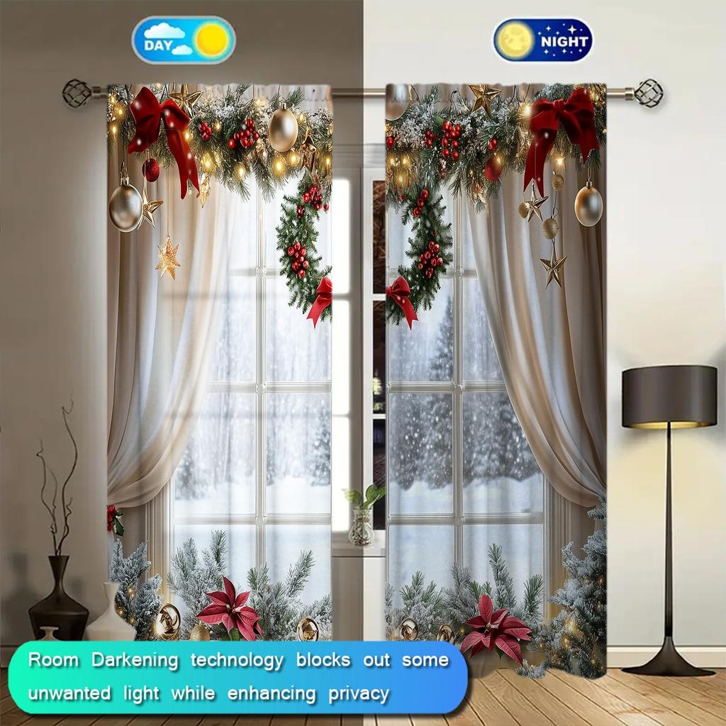 2pcs Christmas Window Printed Curtain for Christmas Home Decor - Rod Pocket Window Treatment for Bedroom, Office, Kitchen