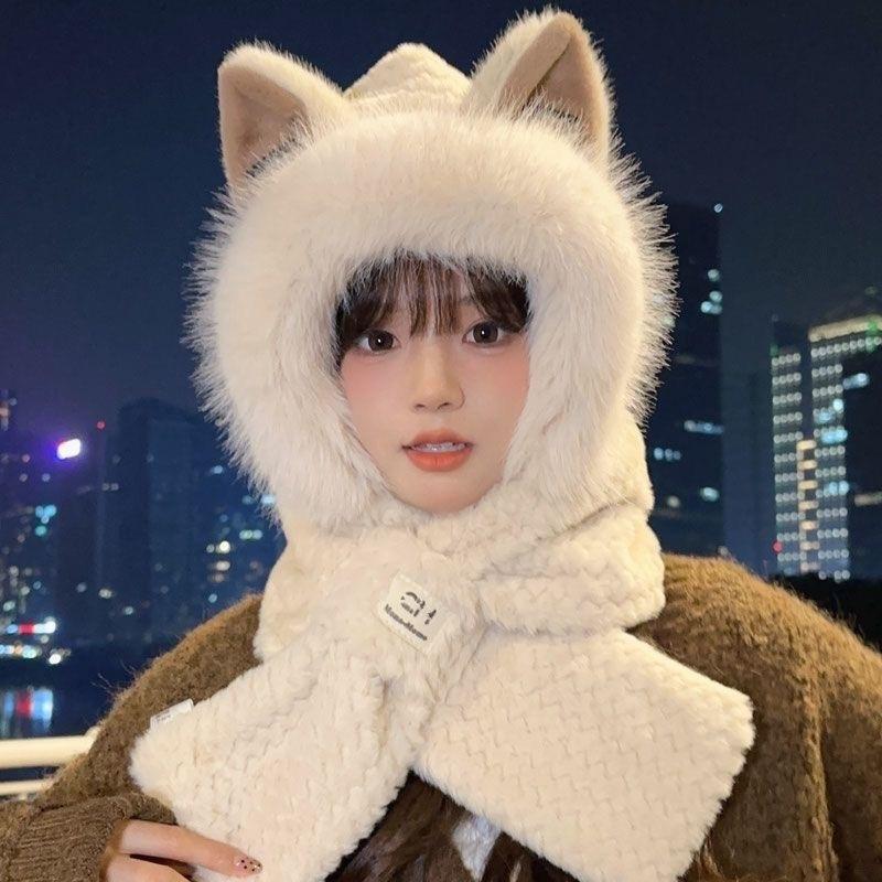Hat and Scarf Integrated Women's Winter Versatile Cute Plush Hat Warm Plush Thickened Antifreeze and Windproof Hooded Scarf
