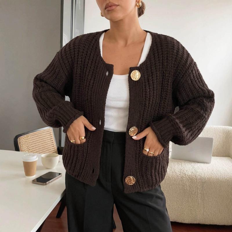 Women S Knitted Cardigan Round Neck Long Sleeve Buttoned Casual Sweater