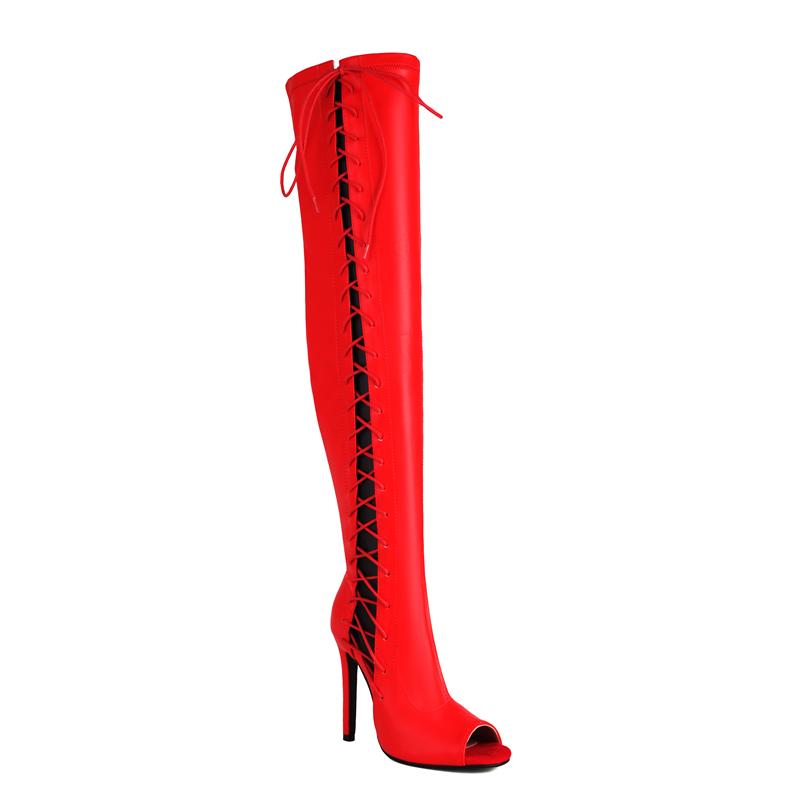 Женские сапоги выше колена, сексуальные, с открытым носком, с перекрестными шнурками, весенние, черные, красные, белые, высокие, длинные, для вечеринок, женские