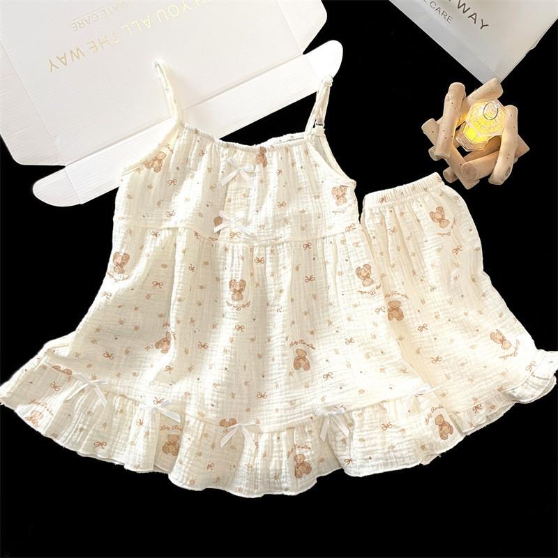 2026 Girls Cotton Pajama Set Lightweight Sleepwear Cartoon Print Tank Top Shorts Two Piece Home Outfit
