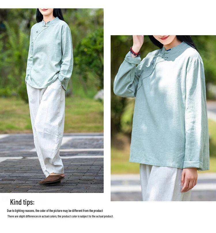 Женская рубашка ретро из хлопка и льна с длинным рукавом - воротник-стойка, косой лацкан, на пуговицах, свободного кроя для весны, лета и осени