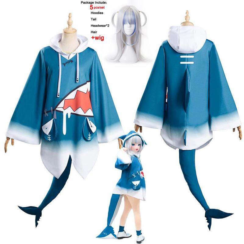 Японский Amine Vtuber Hololive ENG Gawr Gura Shark Girl Косплей Костюмы Девушка Женщины Милые Синие Тела Акулы Со Шляпой