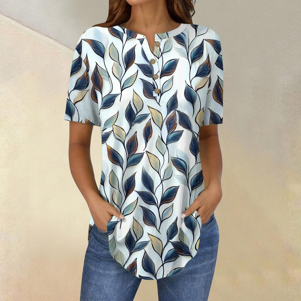 Short Sleeve Womens Tops Summer T-Shirts Floral Print V Neck Casual Basic Tee Button Shirts Tunic Tops