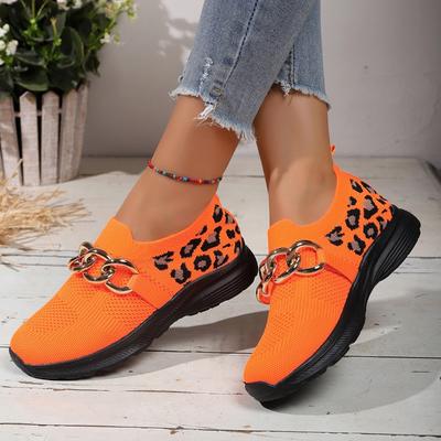 Модные сетчатые дышащие кроссовки Осень Новые с круглым носком глубокого выреза Металлическая цепочка Леопардовый принт Мягкая подошва Нескользящие Каблуки-рюмочки