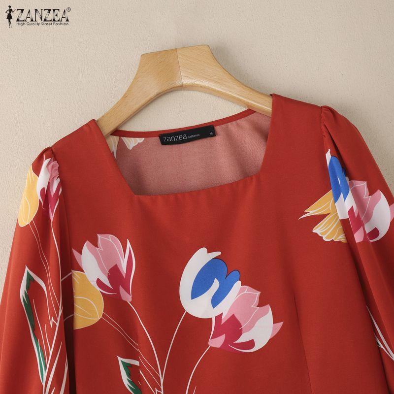 ZANZEA Women Casual Square Collar Summer 3/4 Sleeve Print Blouse